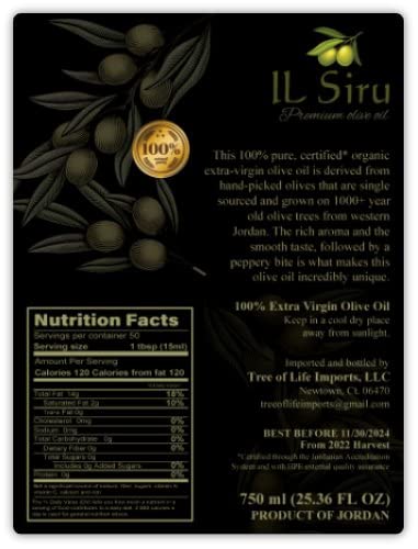 IL Siru (750 ml) Extra-Virgin, First Cold Press Olive Oil Single Sourced and Current Harvest Imported from Jordan