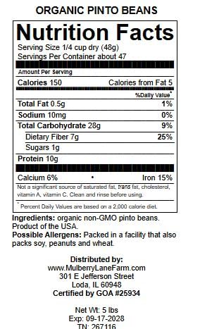 Mulberry Lane Farms 5 Pinto Beans, Pounds Dried, USDA Certified Organic, Non-GMO Bulk, Product of USA