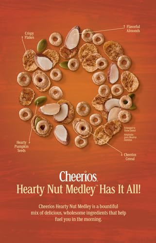 20 oz (Pack 2) Cheerios Hearty Nut Medley Breakfast Cereal, Maple Cinnamon, Made with Whole Grain, Family Size
