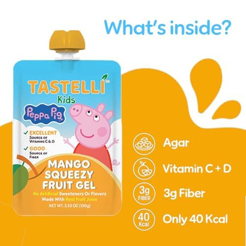 24 Count Tastelli Peppa Pig Kids Squeezy Fruit Gel Mango Flavor No Artificial Sweeteners or Flavors, Made with Real