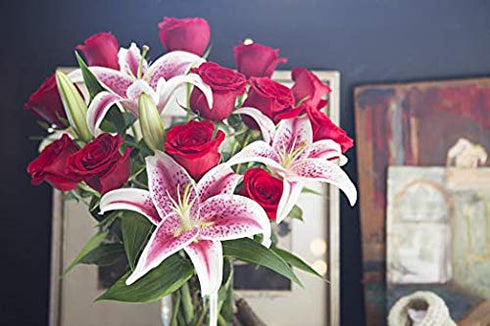 KaBloom - Adore Her Mixed Bouquet of Farm-Fresh Red Roses and Pink Lilies without vase - Fresh Flowers for Birthday