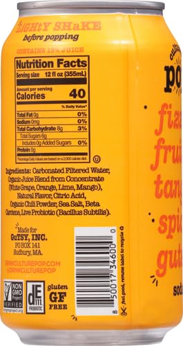 Culture Pop 12 (Pack 5) Soda Orange Mango & Lime Probiotic Soda, FZ