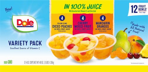 100% Pack 4oz 12 (Pack 2) Dole Fruit Bowls in Juice Variety Snacks, Peaches, Cherry Mixed Fruit, Mandarin Oranges