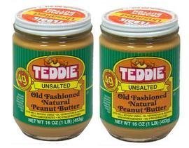 Teddie Smooth UNSALTED Old Fashioned Peanut Butter (16 oz Jars) 2 Pack