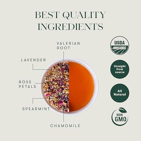 25 (25 Luxmi Estates Organic Valerian Root, Chamomile, & Lavender Teabags cups) for Sleep, Relax, & Calmness | Caffeine