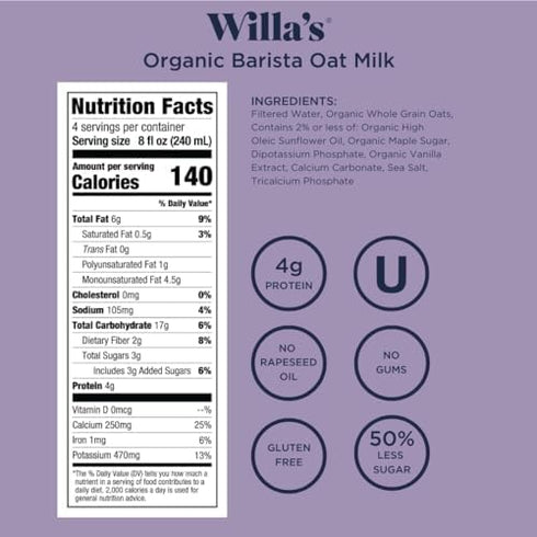 50% 32 oz, Pack 1 Willa's Organic Barista Oat Milk Less Sugar, Non-GMO, Shelf Stable, Non-Dairy, Whole Grain Oats, No