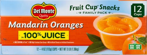 100% 12 Pack, 4 oz DEL MONTE Mandarin Oranges FRUIT CUP Snacks, in Juice