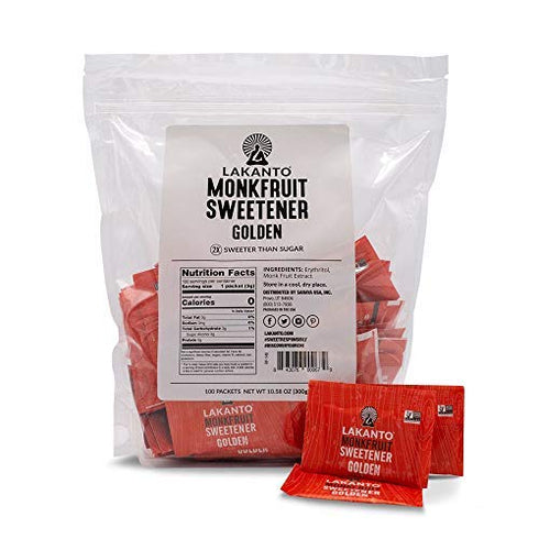 Packets (3g 100 Count) Lakanto Golden Monk Fruit Sweetener with Erythritol - Raw Cane Sugar Replacement, Zero Net