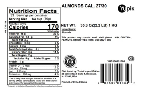 2.2 lb, Pack 1 Yupik California Raw Almonds, Small Size, Gluten-Free, Kosher, Salt-Free, Source Of Protein, Fiber, Iron