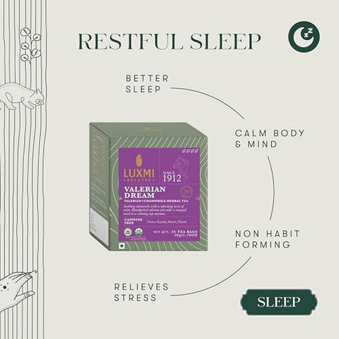 25 (25 Luxmi Estates Organic Valerian Root, Chamomile, & Lavender Teabags cups) for Sleep, Relax, & Calmness | Caffeine