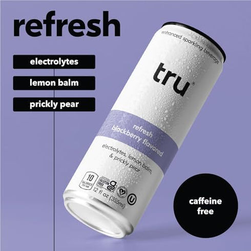 12 OZ 12 Pack Tru Refresh Seltzer, Sparkling Water with Electrolytes, Prickly Pear, Lemon Balm & Real Blackberry Juice