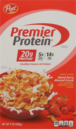 20g 9 OZ (Pack 2) Premier Protein Mixed Berry Almond Cereal, Protein Cereal Flakes Mixed with Dried Berries and Sliced