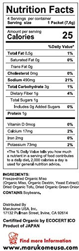 4 packets 1.07 oz Marukome Organic Miso Soup Tofu & Green Onion, Instant Miso Soup, Gluten Free, No Preservatives, USDA