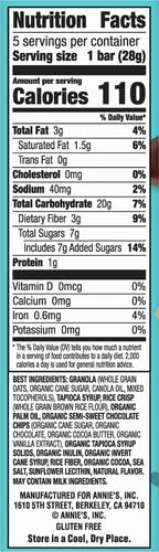 5 4.9 oz Annie's Gluten Free Chewy Granola Bars, Double Chocolate Chip, Bars