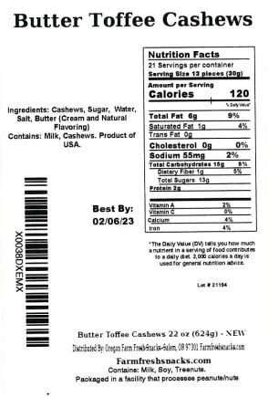 Packs (22oz) Oregon Farm Fresh Snacks Butter Toffee Cashews Butter Toffee Coated Cashew Nuts Delicious and Sweet Nut