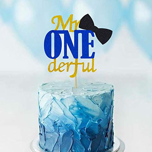 Joymee Mr Onederful Double Sided Cake Topper, 1st Birthday Decorations with Bowtie Gold Glitter