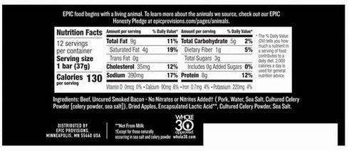 30, 12 15.6 oz EPIC Beef Protein Bars, Uncured Bacon and Apple, Paleo Friendly, Gluten Free, Whole Ct