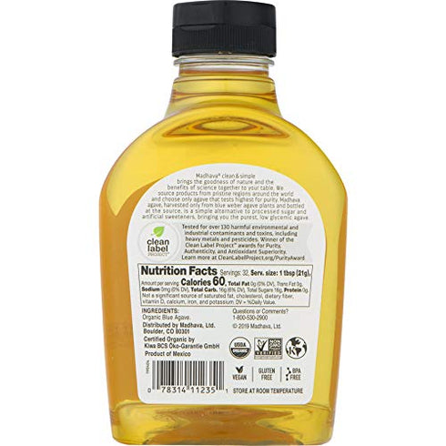 100% 23.5 (Pack 6) MADHAVA Organic Light Agave, Pure Organic Blue Agave Nectar | Natural Sweetener, Sugar Alternative |