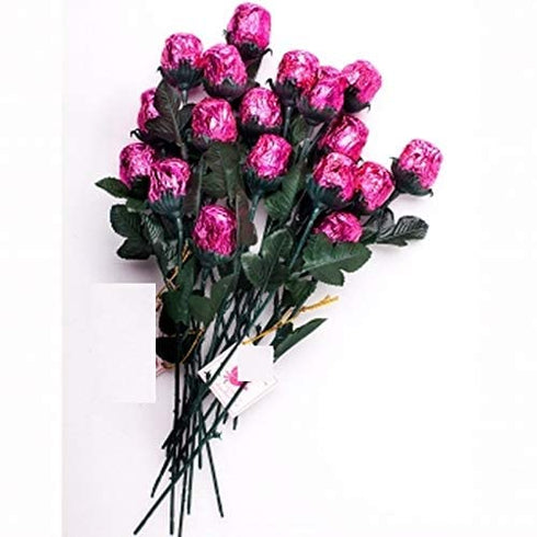 FavorOnline Dozen 9 1/2" One PINK Chocolate Roses - Solid Premium Milk Chocolate Rose Wrapped in Shiny PINK Italian
