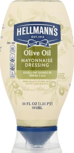 Omega-3 20 oz (Pack 2) Hellmann's Mayonnaise Dressing with Olive Oil Squeeze Bottle Condiment for Simple Meals