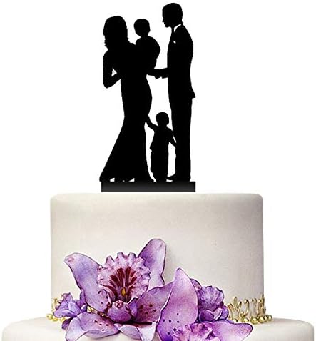 Wedding Cake Topper - Bride and Groom with 2 Children Family Anniversary Cake Decoration