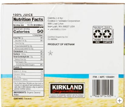 KIRKLAND 11.1 oz (Pack 12) Signature Organic Coconut Water, of by LOS