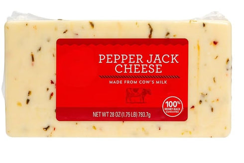 Generic Monterey Jack cheese block is studded with fiery bits of hot pepper
