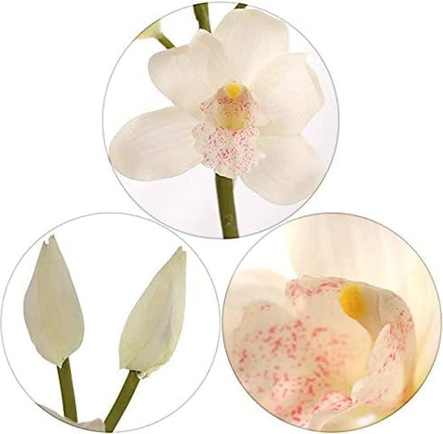 30" 10 2 Larksilk Silk Cymbidium Orchid Stem - White, Long with Flowers and Buds | Perfect for Weddings, Home Decor