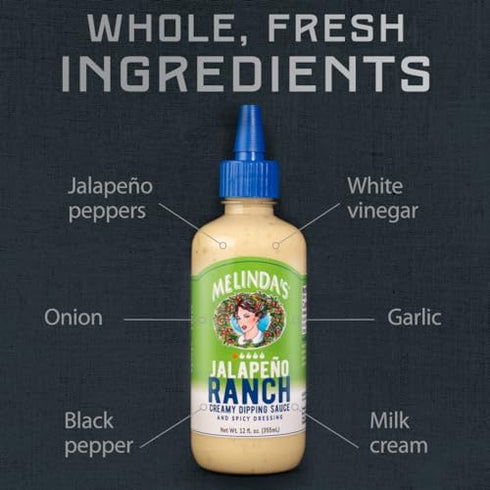 12 oz, 1 Pack Melindas Jalapeo Ranch - - Spicy Ranch Sauce, Hot Creamy Sauce With Jalapeo Peppers - Perfect for Wings