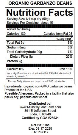 Mulberry Lane Farms 5 hummus, Garbanzo Beans, Pounds (Chick Peas), USDA Certified Organic, Dried, Non-GMO, Great