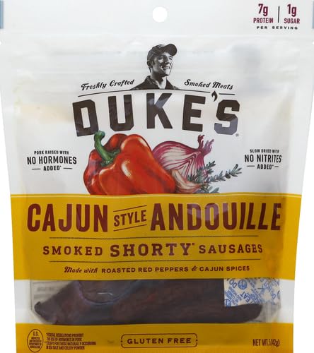 7g 5 oz.(Pack 2) Duke's Pork Cajun Andouille Smoked Shorty Sausages, Protein Per Serving, Easter Basket Stuffer