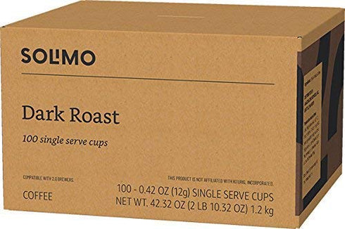 Amazon Brand - Solimo 2.0 100 Count(Pack 1) Dark Roast Coffee Pods, Compatible with Keurig K-Cup Brewers