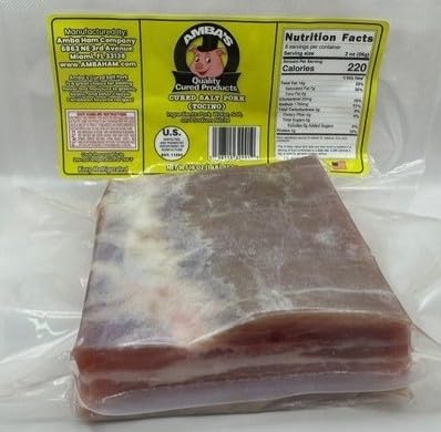 Amba's Quality Cured Products 16oz (1lb) Pack Cured Salt Pork (Tocino), Cured Pork Belly(Skin On), Net Weight Vacuum