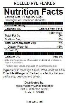 Mulberry Lane Farms 2 Rolled Rye Flakes Pounds Non-GMO, Product of USA
