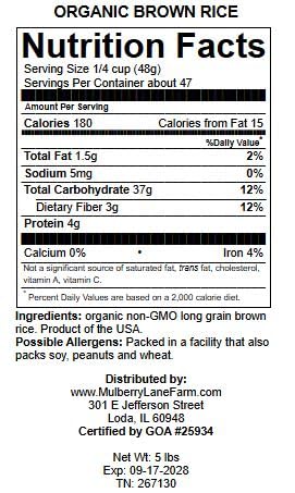 Mulberry Lane Farms 5 Brown Rice Pounds Long Grain, USDA Certified Organic Non-GMO Bulk, Product of USA