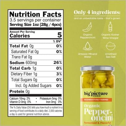 Big Picture Foods 12oz (340g) Big Picture Organic Pepperoncini/Whole in Jar - Zesty Macedonian Green Peppers