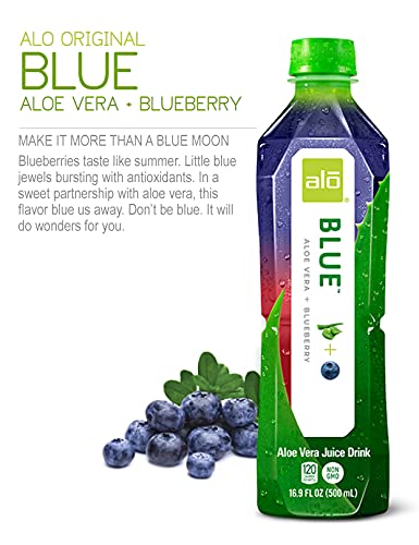 16.9 oz, Pack 12 ALO Aloe Vera Juice Drink | BLUE - Aloe Vera + Blueberry | fl of | Plant-Based Drink with Real Aloe