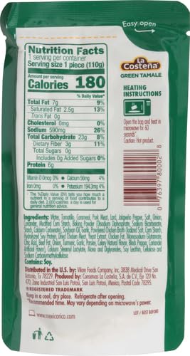 La Costeña Tamales Verdes, Pork Flavor, Microwaveable, No Refrigeration Required, 3.8 Ounce (Pack of 12)