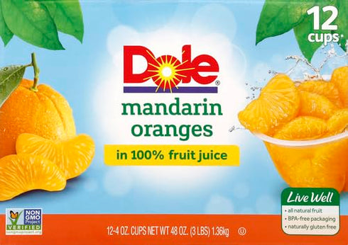 100% 4oz (Pack 24) Dole Fruit Bowls Mandarin Oranges in Juice Snacks, Gluten & Dairy Free, Bulk Lunch Snacks for Kids