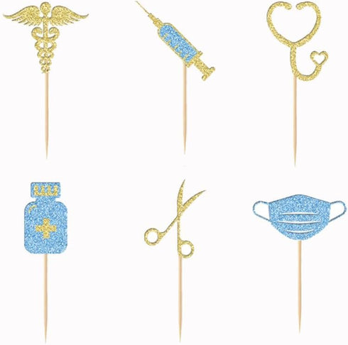 BoningNEW 24 Pcs Blue Gold Nursing Cupcake Toppers for Medical Rn Themed Cake Picks Nursing Themed Birthday Party