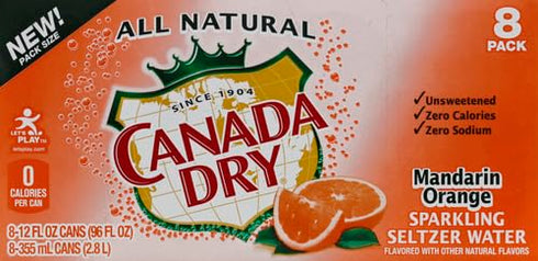 12 8 Count Canada Dry Mandarin Orange Sparkling Seltzer Water, Fluid Ounce Can