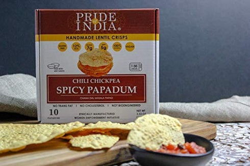 Pack 6-10 count (3.53oz 100gm) Pride Of India - Spicy Chickpea Masala Papadum Lentil Crisp, of Box - - Instant Popping