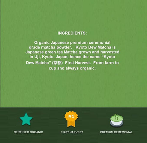 Kyoto Dew Matcha, Organic Premium Ceremonial Grade Japanese Matcha Green Tea Powder, 30g (1oz) Tin