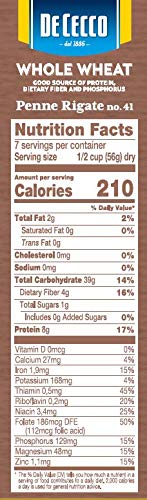 No.41, 13.25 OZ (Pack 12) De Cecco Pasta, Whole Wheat Penne Rigate of - Made in Italy, High in Protein & Iron, Bronze