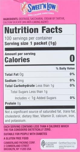 Packets, 100 Packets (Pack 2) Sweet'N Low Zero Calorie Sweetener Ct, Kosher & Gluten Free, Low Glycemic Index