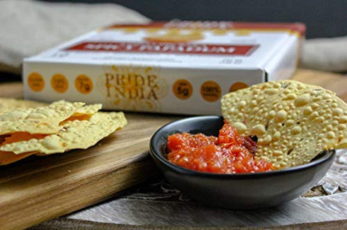 Pack 6-10 count (3.53oz 100gm) Pride Of India - Spicy Chickpea Masala Papadum Lentil Crisp, of Box - - Instant Popping