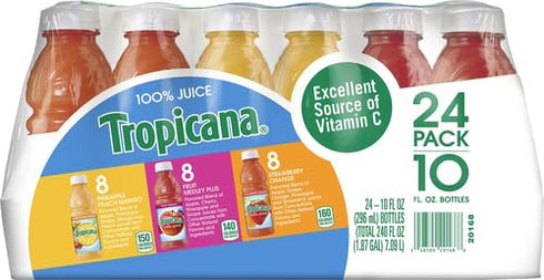100% 3-Flavor Pack, 10 Oz, (Pack 24), 10 Tropicana Juice Fruit Blend Variety Fl Bottles, of ounces