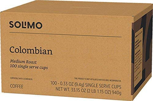 Amazon Brand - Solimo 2.0 100 Count Medium Roast Coffee Pods, Colombian, Compatible with Keurig K-Cup Brewers