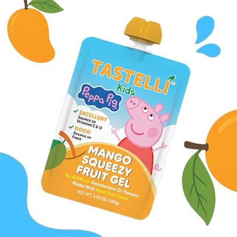 24 Count Tastelli Peppa Pig Kids Squeezy Fruit Gel Mango Flavor No Artificial Sweeteners or Flavors, Made with Real