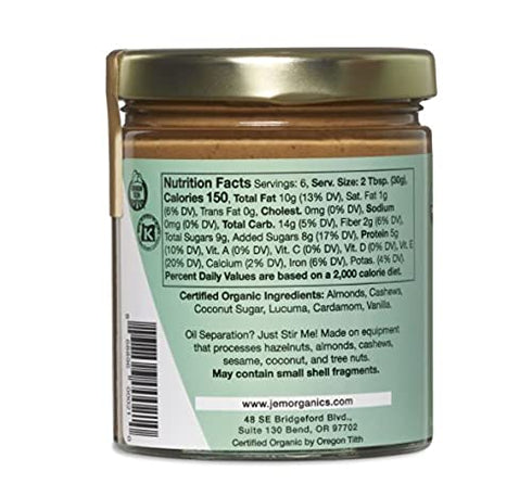 6 oz Pack JEM Organics Cashew Cardamom Almond Nut Butter, Organic, All Natural, Gluten-Free, Vegan, Paleo, Keto Snack